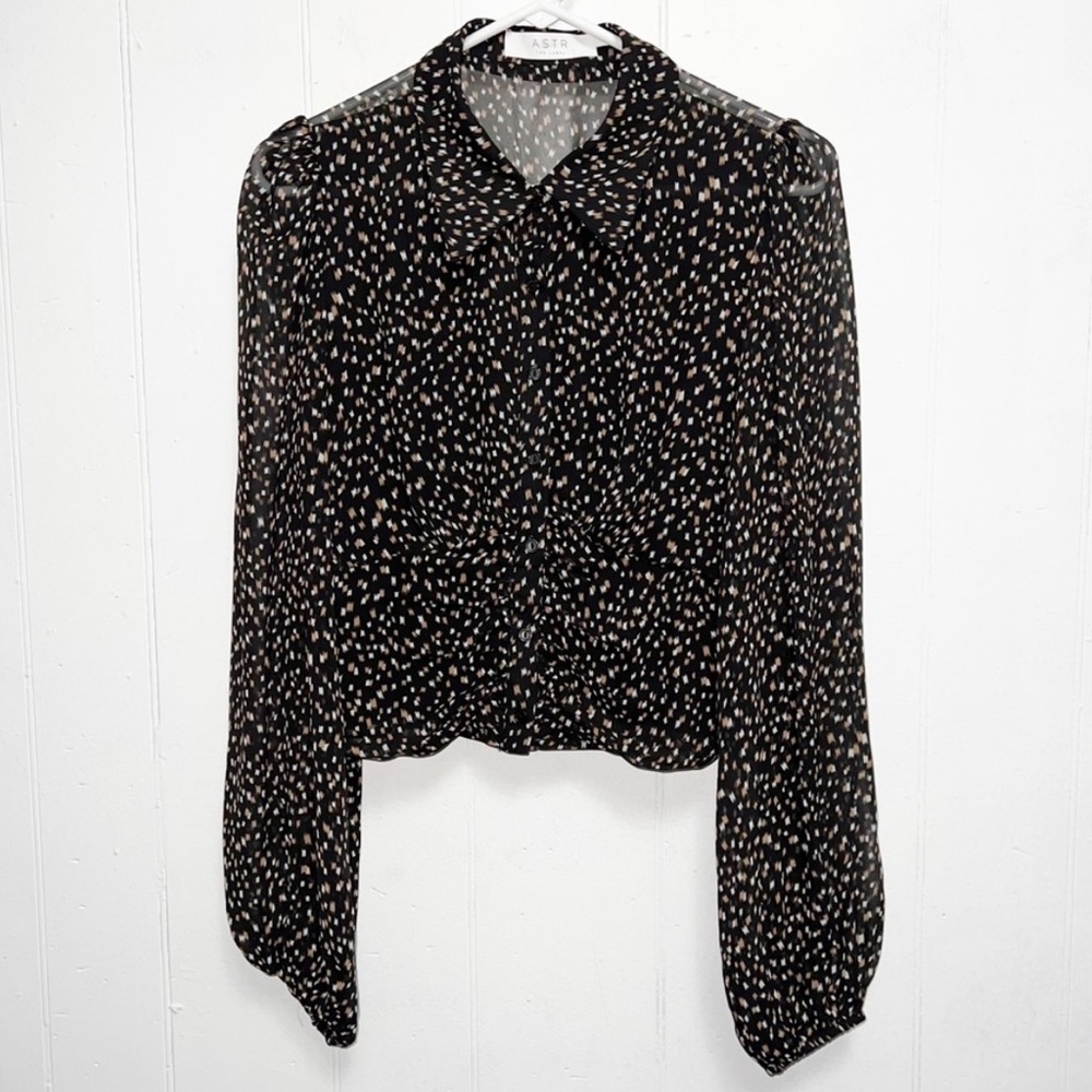 ASTR The Label Size Small Black Taupe Geo‎ Print Ruched Long Sleeve Blouse